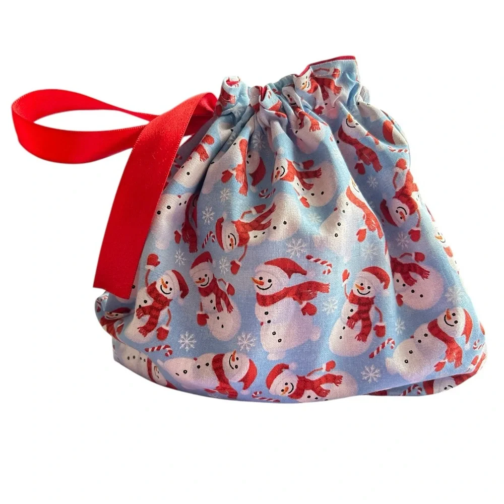 Hand Crafted Snowman Drawstring Gift Bag with Red Ribbon Eco Friendly Reusable